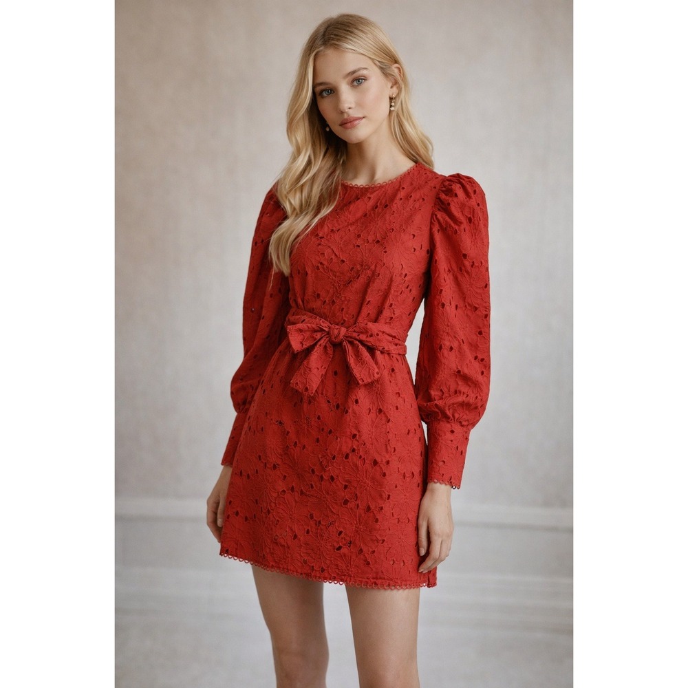 Happy‎ X Nature Cotton Dress Size 8 Red Orange Eyelet Puff Sleeve NWT